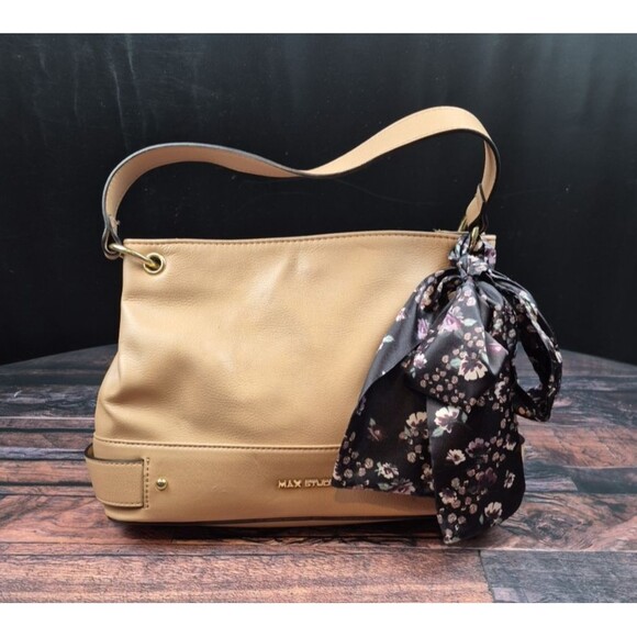 Max Studio Tan Hobo Bag Black Floral Scarf Accent Gold Hardware Single Strap Y2K - Picture 1 of 12